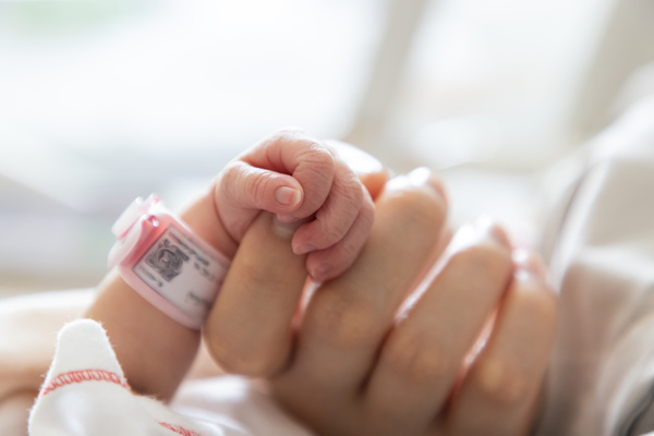 産まれたばかりの早産児がお母さんの指を握っている